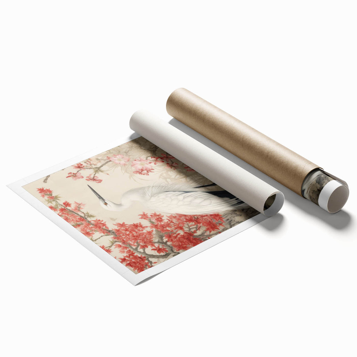Elegant wall art print featuring a heron and egret design, showcasing intricate details and vibrant colors, rolled for easy display and storage. Perfect for nature lovers and home decor enthusiasts.