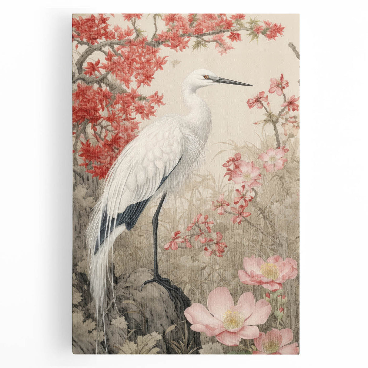 Stretched canvas wall art featuring a serene heron and egret design, showcasing vibrant colors and intricate details, perfect for adding elegance to home décor.
