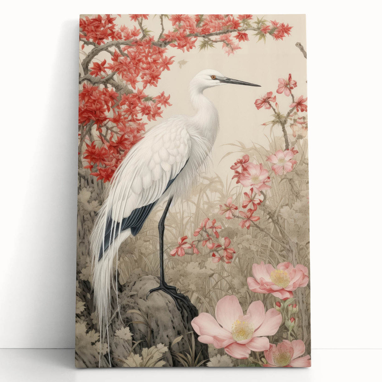 Stretched canvas artwork displaying a serene heron and egret design, showcasing soft pastel colors, perfect for nature-themed home decor or wall art collection.