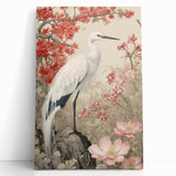Stretched canvas artwork displaying a serene heron and egret design, showcasing soft pastel colors, perfect for nature-themed home decor or wall art collection.