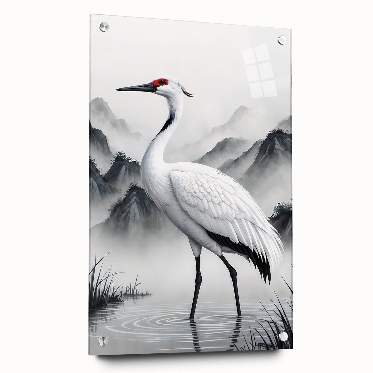 Side view of a modern wall art collection featuring a heron and egret design, printed on acrylic glass, showcasing vibrant colors and intricate details, ideal for home decor.