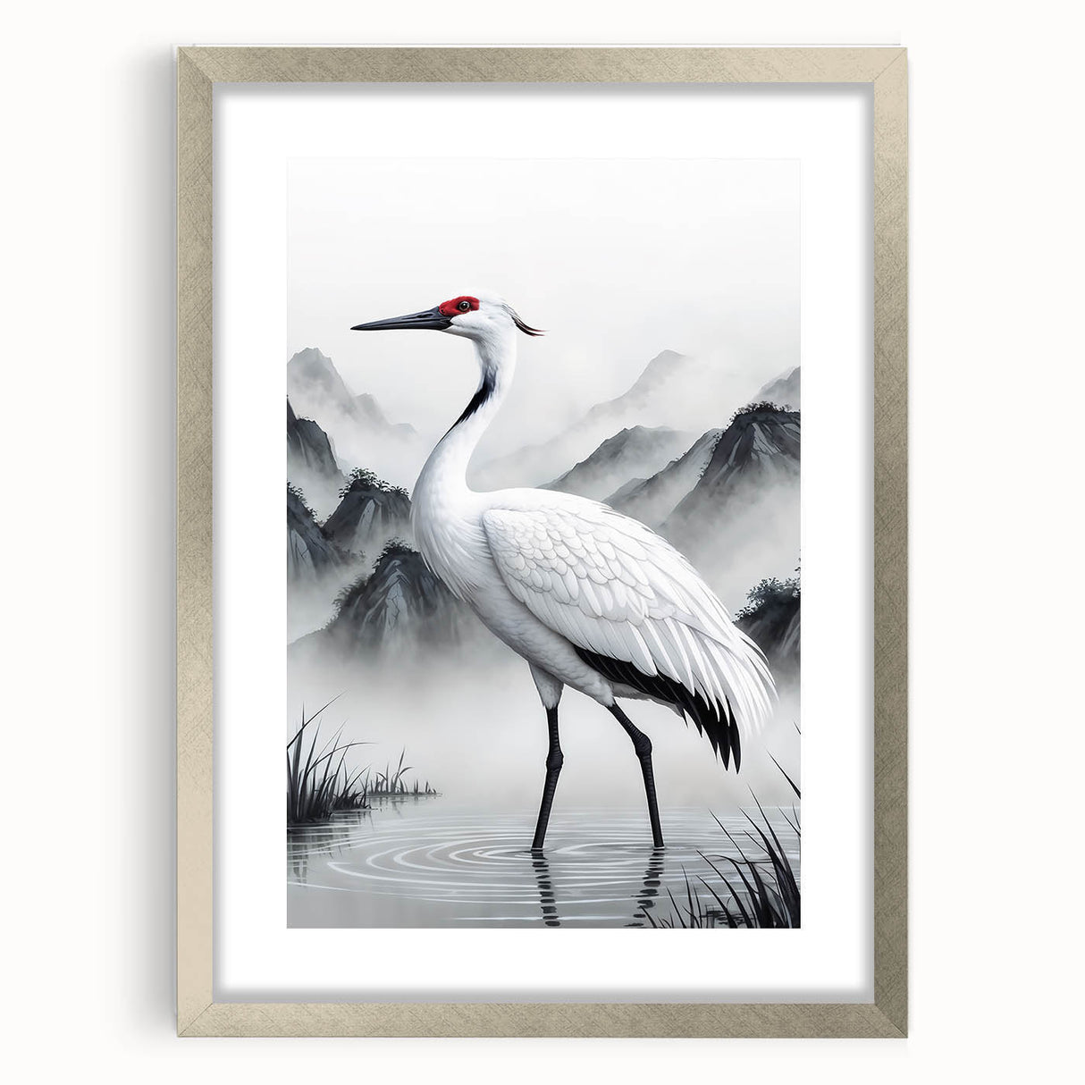 Framed wall art featuring a heron and egret design, showcasing intricate details and a silver frame with matting, perfect for enhancing home decor.