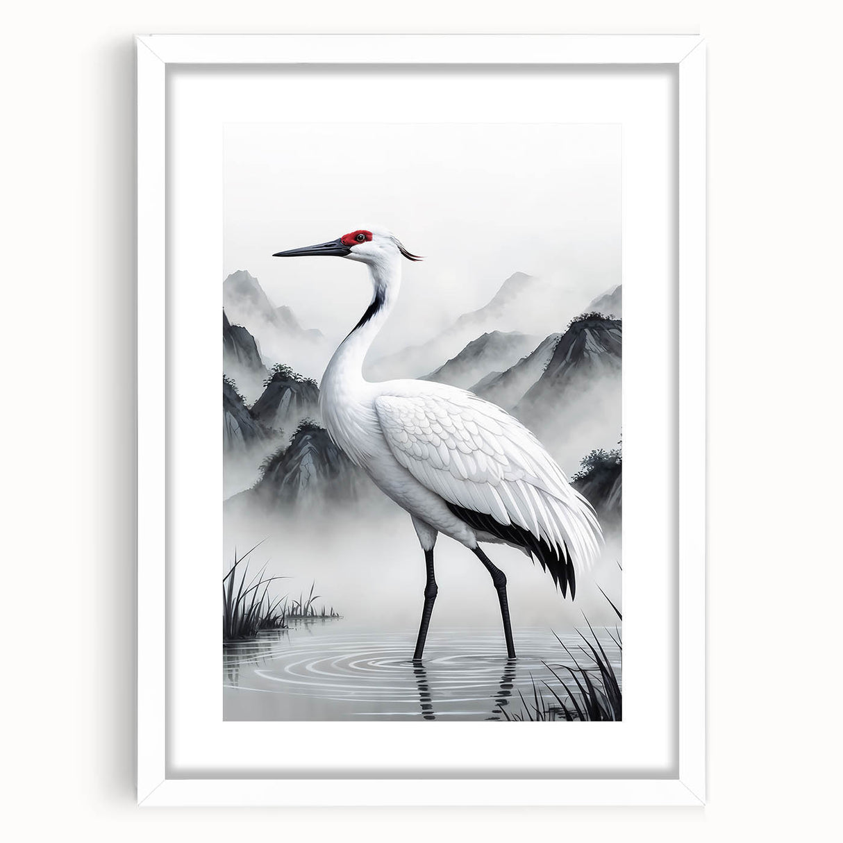 Framed wall art featuring a heron and egret design, showcasing vibrant colors and intricate details, set against a white matte background for an elegant display.