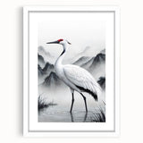 Framed wall art featuring a heron and egret design, showcasing vibrant colors and intricate details, set against a white matte background for an elegant display.