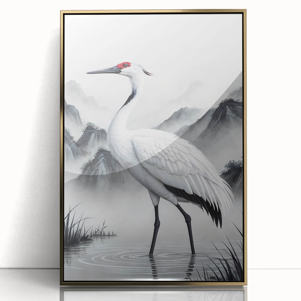 Framed wall art featuring a serene heron and egret design in soft pastel colors, set against a gold-accented background, perfect for enhancing home decor.