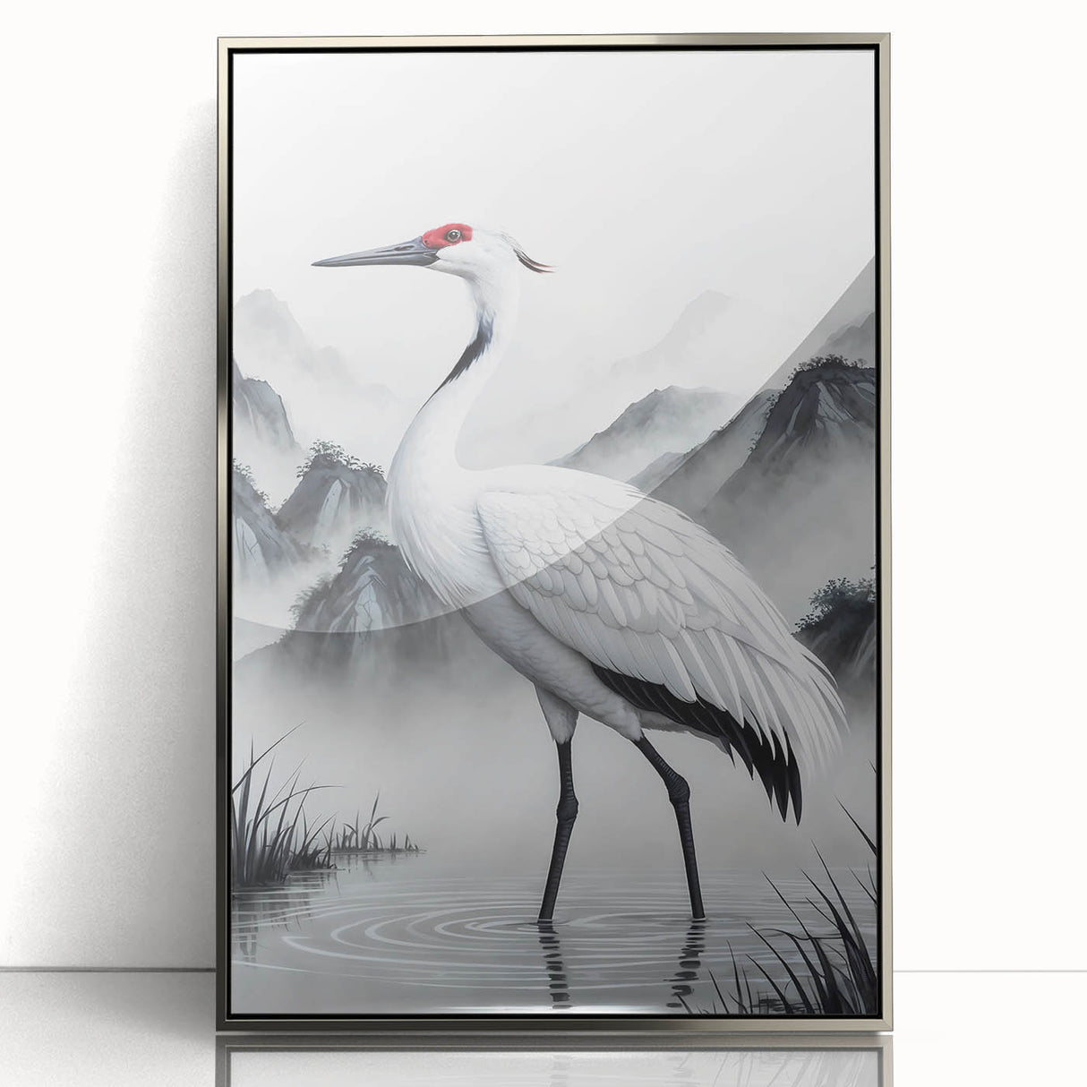 Framed wall art featuring a serene heron and egret design in silver acrylic, showcasing intricate details and vibrant colors, perfect for enhancing home decor.