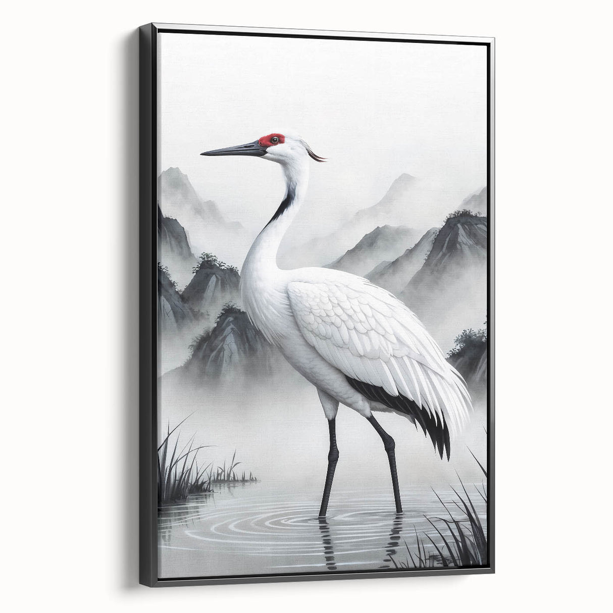 Framed canvas wall art showcasing a heron and egret design in a black frame, highlighting elegant bird silhouettes against a muted background, perfect for home décor.