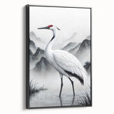 Framed canvas wall art showcasing a heron and egret design in a black frame, highlighting elegant bird silhouettes against a muted background, perfect for home décor.