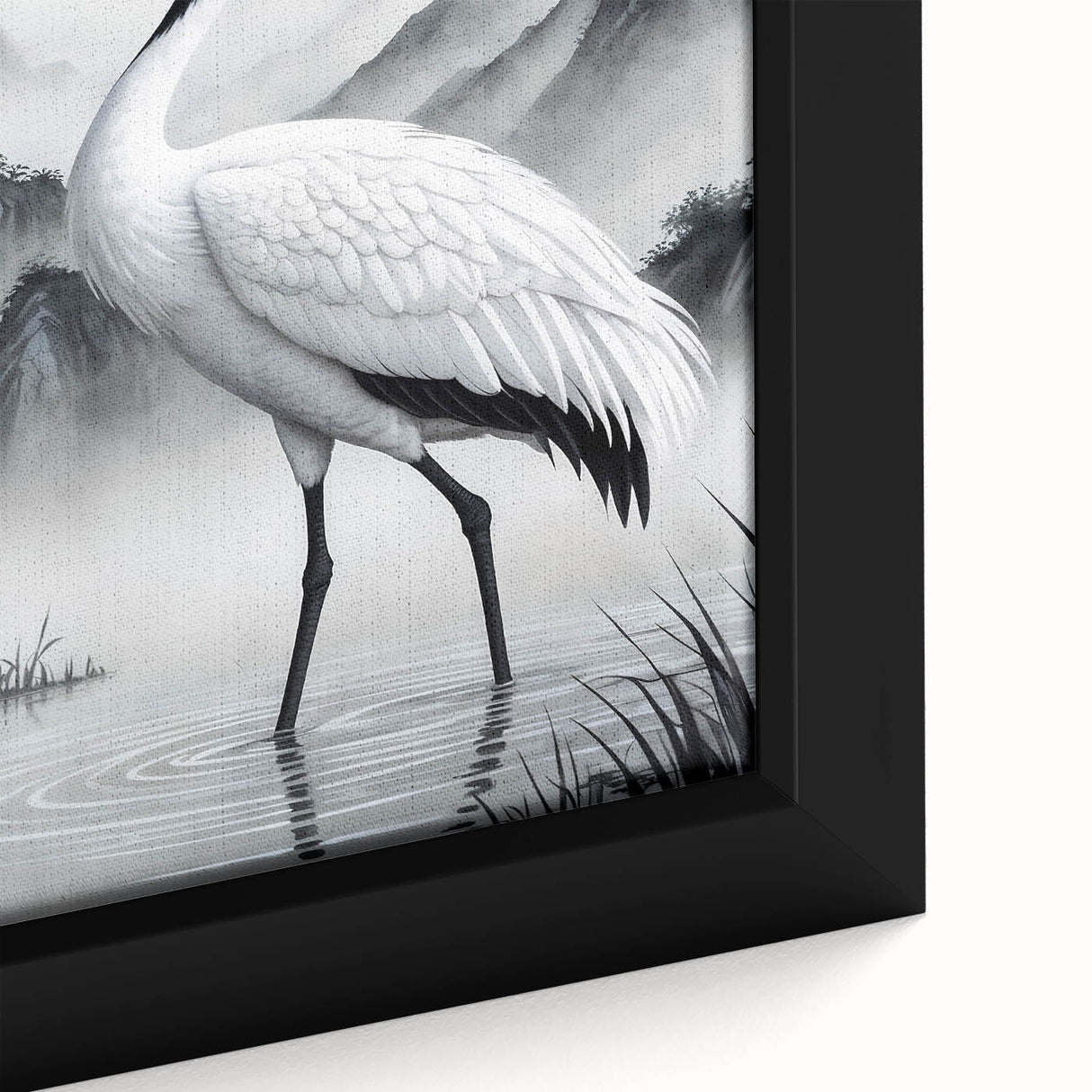 Close-up view of a framed canvas featuring a heron and egret design, showcasing vibrant colors and intricate details, perfect for nature-inspired home decor. Ideal for bird lovers and art enthusiasts looking to enhance their living space with stunning wildlife imagery.