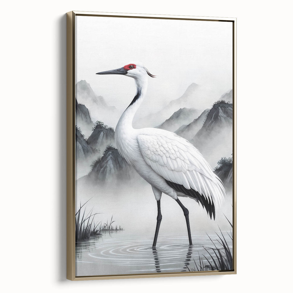Framed wall art collection showcasing elegant herons and egrets in a serene gold and blue palette, perfect for enhancing modern home decor. Ideal for bird lovers.