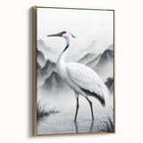Framed wall art collection showcasing elegant herons and egrets in a serene gold and blue palette, perfect for enhancing modern home decor. Ideal for bird lovers.