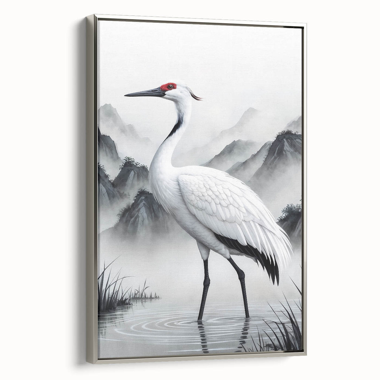 Framed wall art collection showcasing a serene heron and egret design, with a silver frame, perfect for enhancing modern decor. Ideal for nature lovers and art enthusiasts.