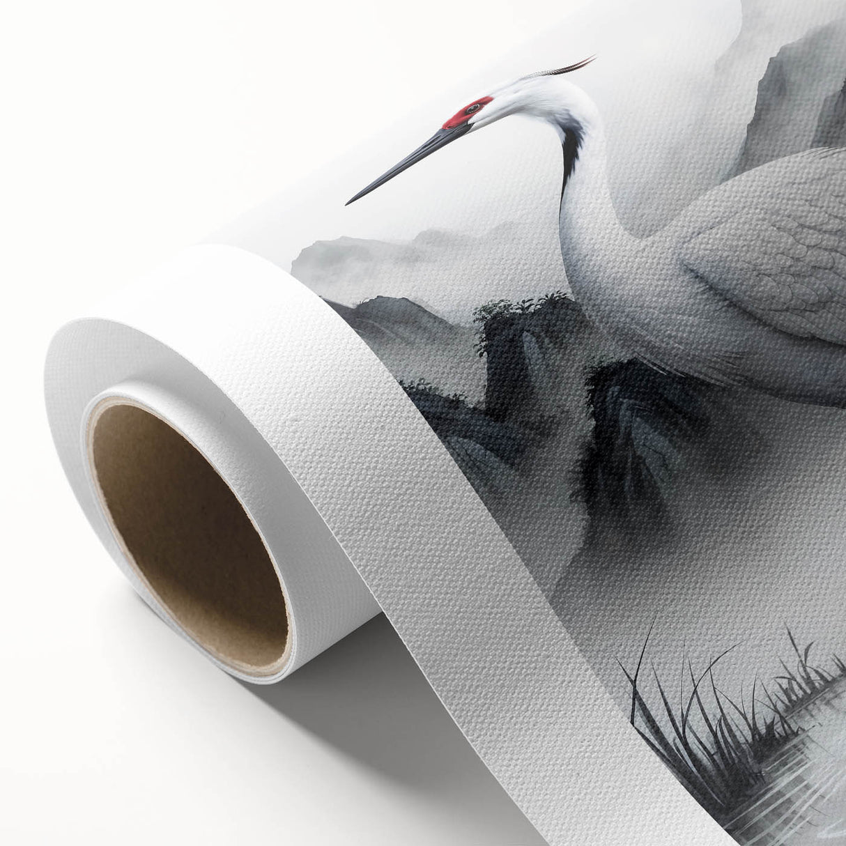 Elegant rolled canvas artwork showcasing a heron and egret design, perfect for enhancing home decor. Featuring soft pastel colors and intricate details, this piece adds a serene, nature-inspired touch to any room.