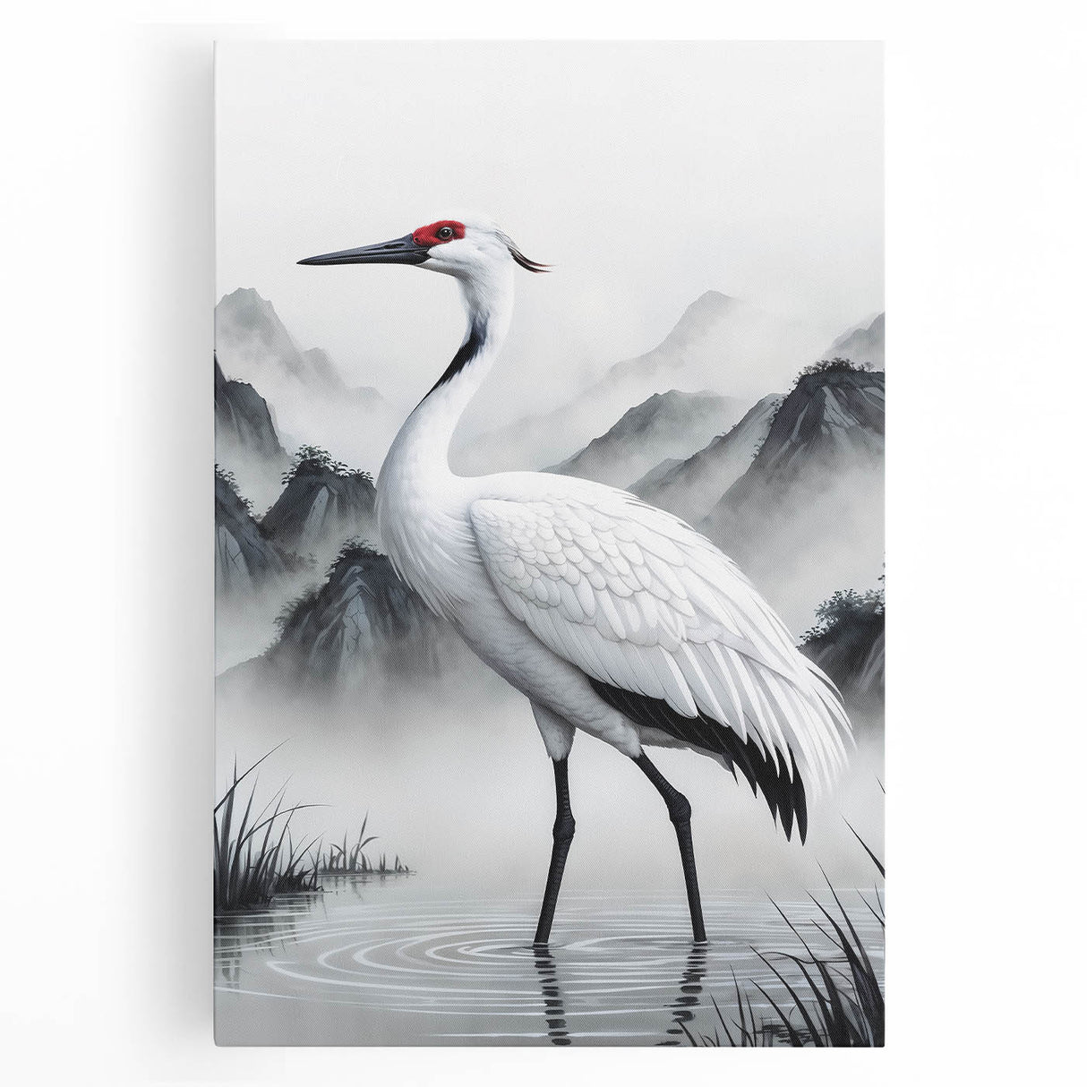 Stretched canvas wall art showcasing a serene scene of herons and egrets in a natural setting, ideal for enhancing home decor with nature-inspired elegance.
