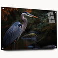 Side view of a wall art collection featuring a heron and egret design, displayed on acrylic glass with decorative pins, showcasing vibrant colors and intricate details.