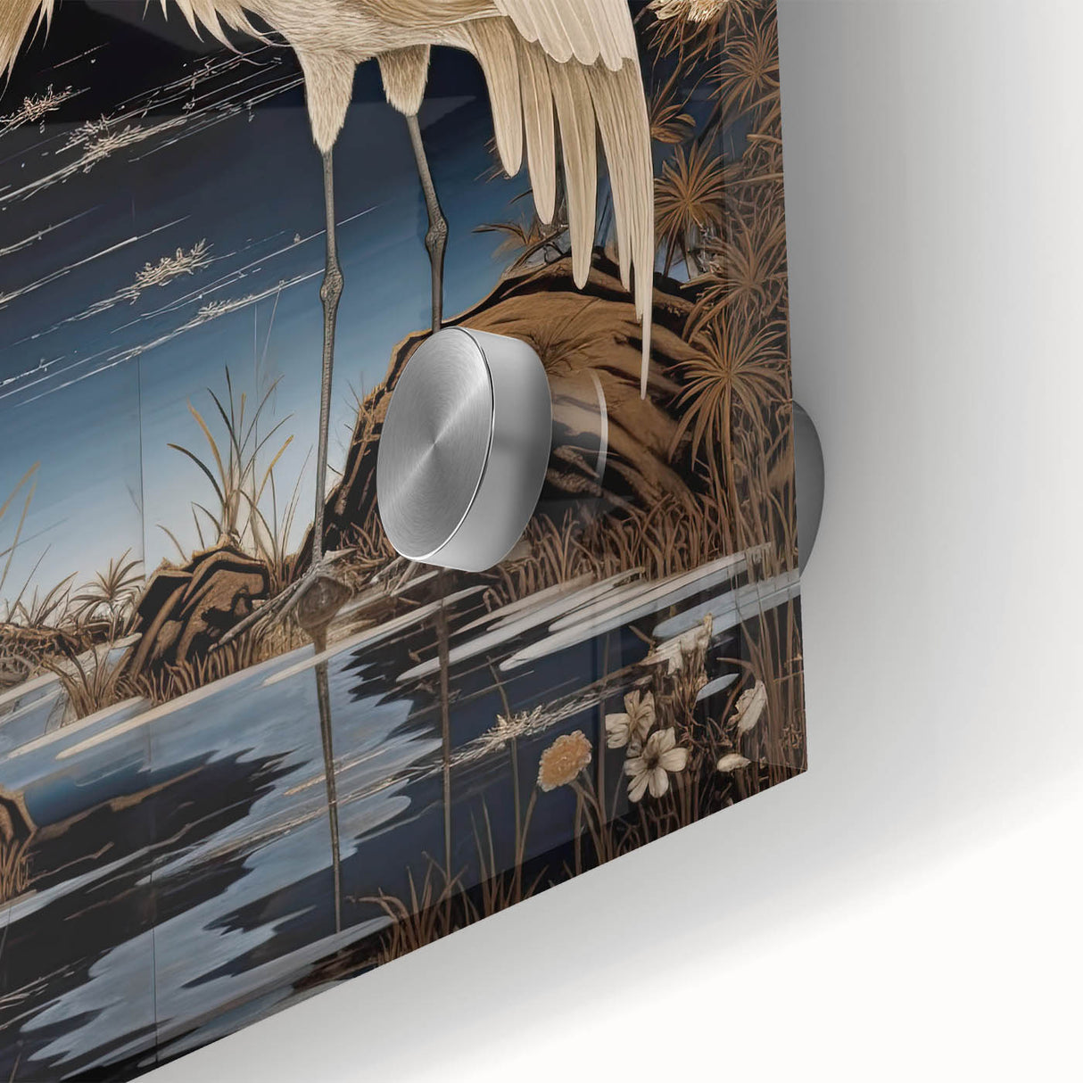 Close-up of a vibrant heron and egret acrylic wall art piece, showcasing intricate details and colors, perfect for enhancing modern home decor.