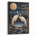 Elegant framed canvas artwork depicting a heron and egret in a serene natural setting, featuring rich colors and intricate details, perfect for home decor.