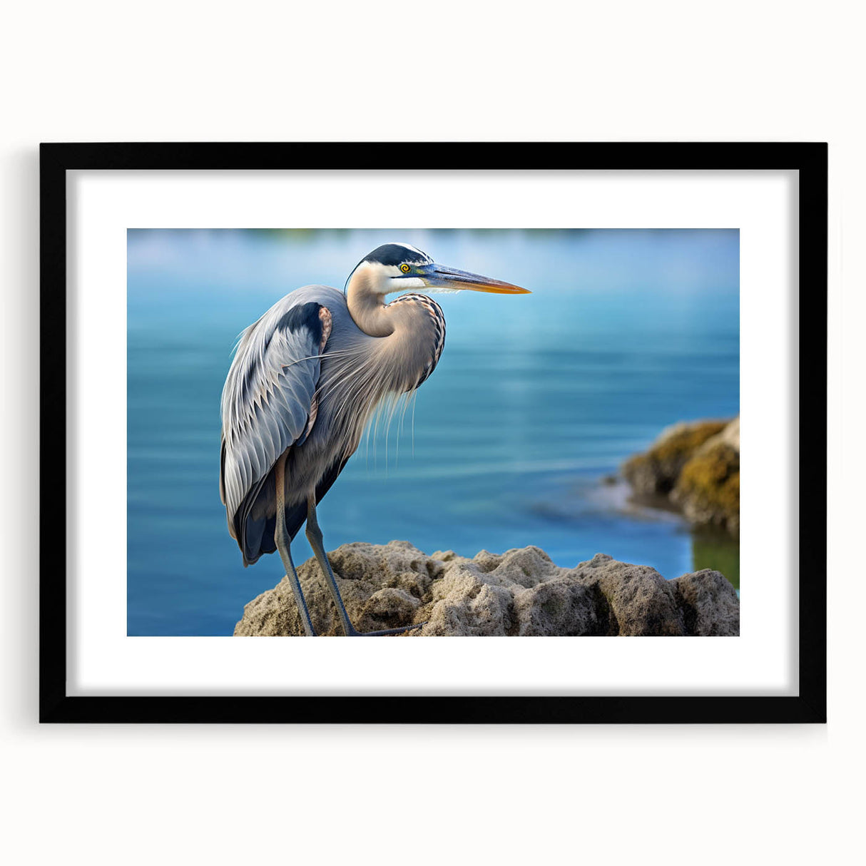 Elegant black-framed wall art collection showcasing heron and egret designs, with a mat enhancing the aesthetic appeal, perfect for nature-inspired decor.