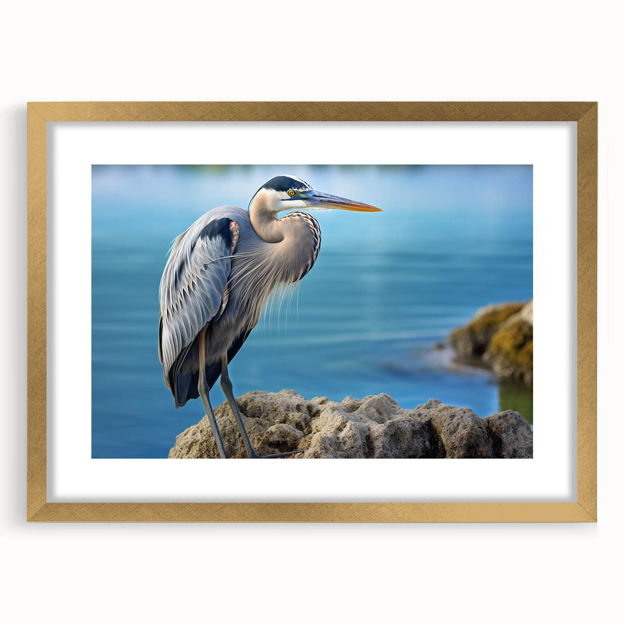 Elegant framed wall art collection featuring a heron and egret design, set in a gold frame with a mat, perfect for enhancing modern home decor.
