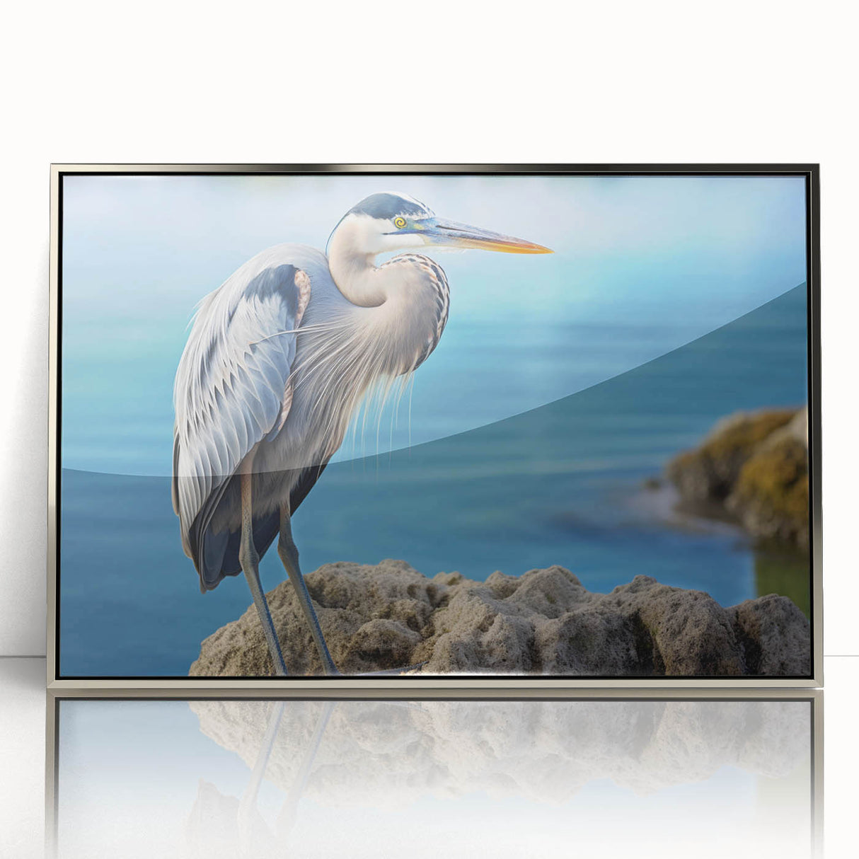 Framed wall art collection featuring elegant heron and egret designs in acrylic with a silver finish, perfect for home decor and nature enthusiasts.