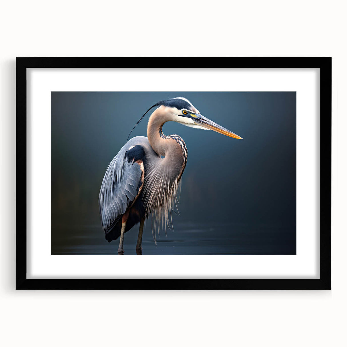 Framed wall art collection showcasing elegant heron and egret designs, featuring a sleek black frame and mat, perfect for enhancing home decor with nature-inspired elegance.
