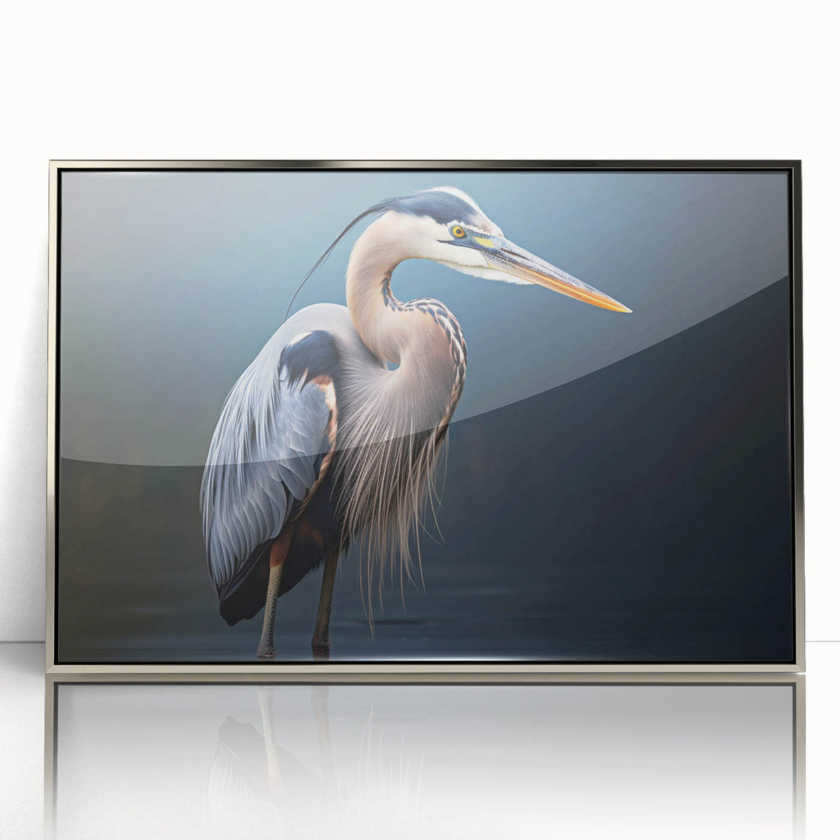 Framed wall art collection featuring elegant heron and egret designs in a silver-accented acrylic frame, perfect for enhancing modern home decor with nature-inspired elegance.