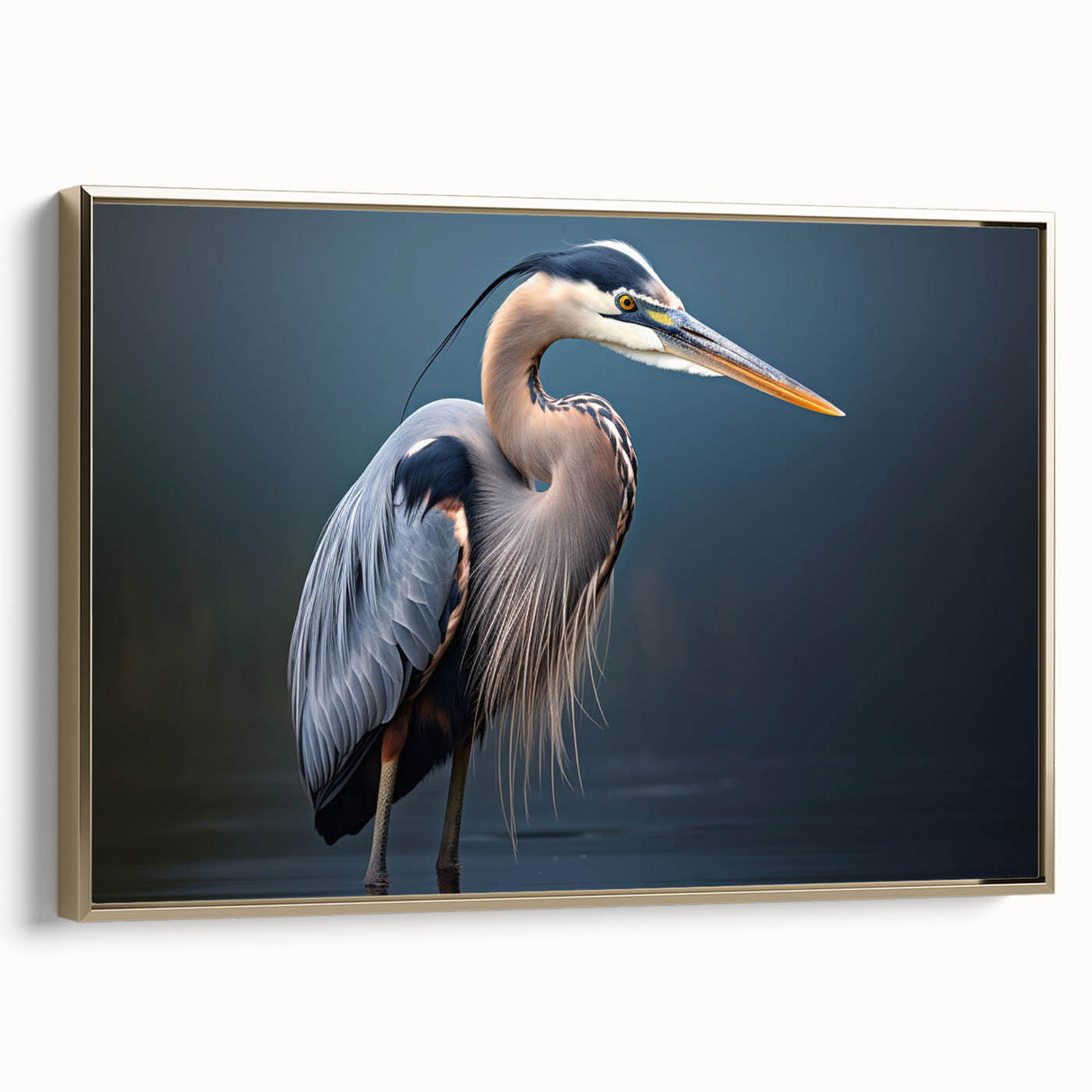 Framed wall art collection featuring a heron and egret design in a gold frame, showcasing elegant bird illustrations against a textured background, ideal for home decor.