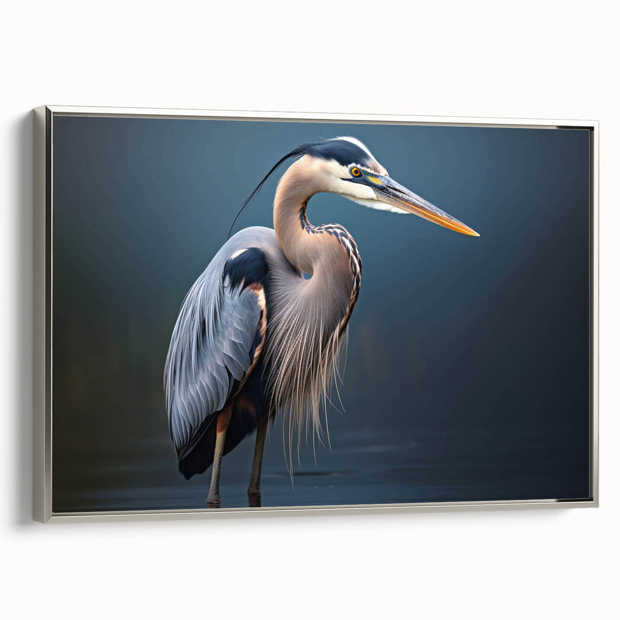 Framed wall art collection showcasing a serene heron and egret design in silver tones, ideal for enhancing home decor with a nature-inspired aesthetic.