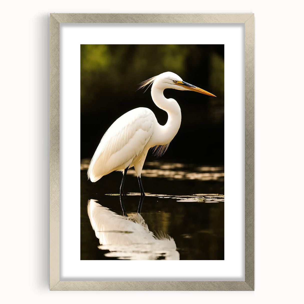 Framed wall art collection featuring a heron and egret design, showcased in a sleek silver frame with a mat, perfect for enhancing home decor with nature-inspired elegance.