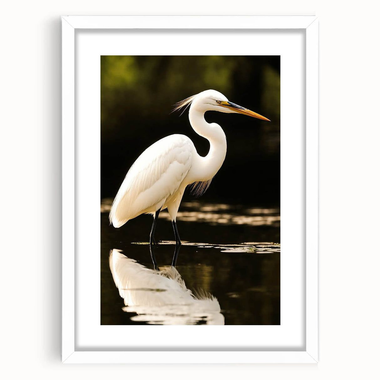 Framed wall art featuring a serene heron and egret design, showcasing vibrant colors against a white mat, perfect for enhancing home decor with nature-inspired elegance.