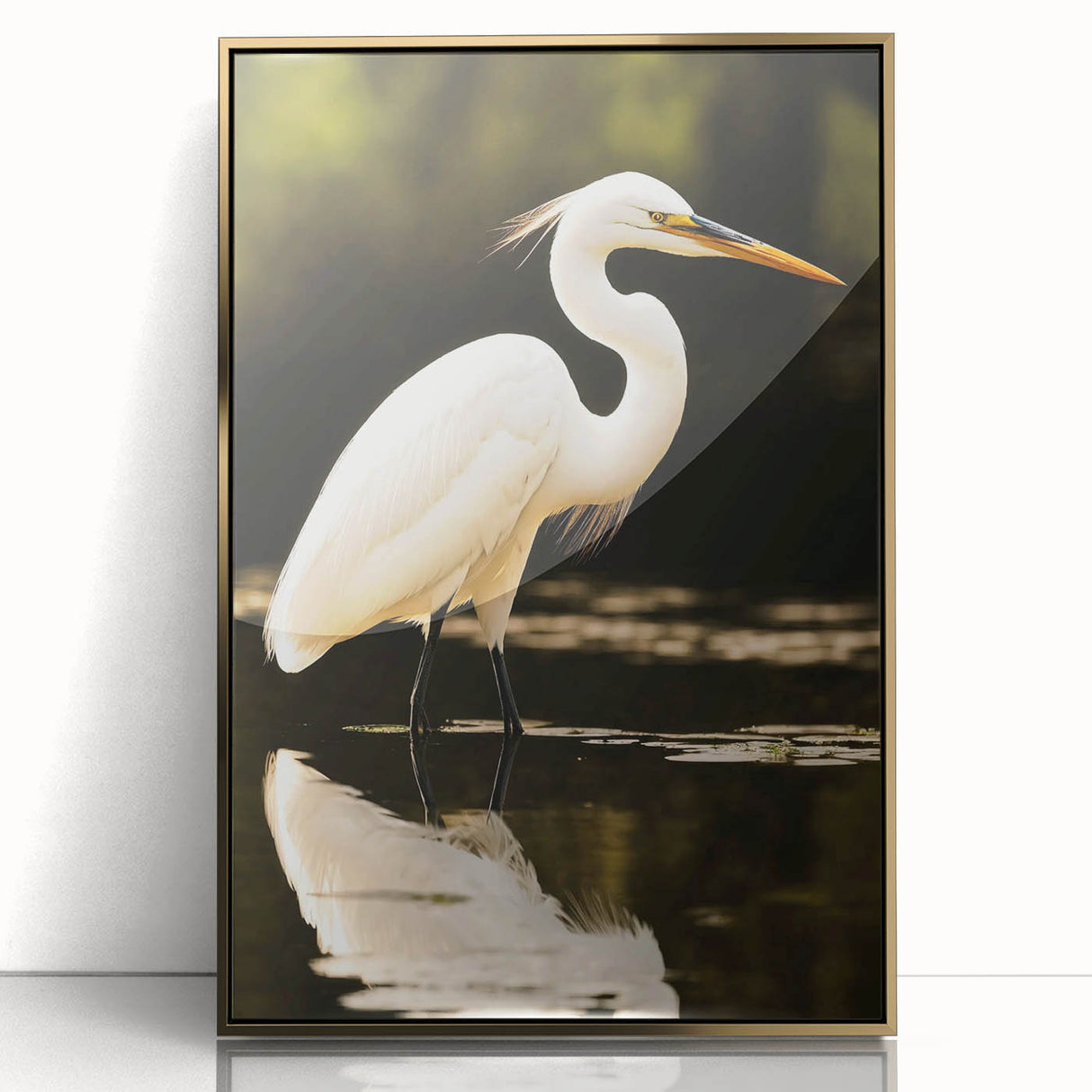 Framed wall art collection showcasing a heron and egret design on a gold-accented background, perfect for enhancing contemporary home decor.