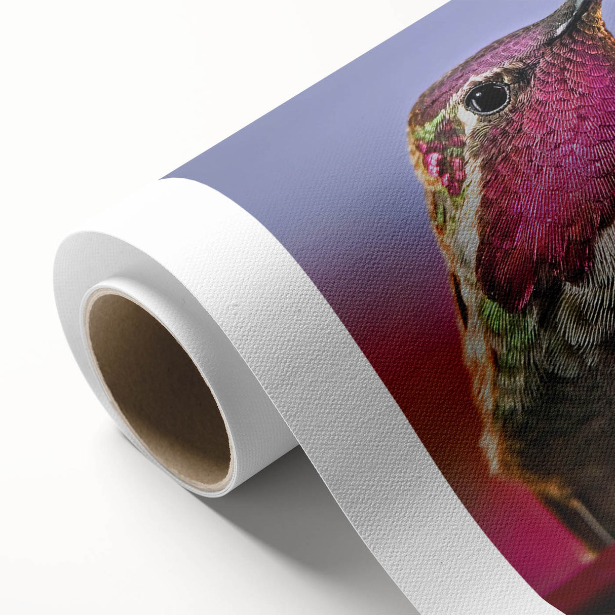 Colorful rolled canvas wall art showcasing a vibrant hummingbird design, perfect for adding a touch of nature to home decor. Packaged securely in a cardboard tube for safe delivery.