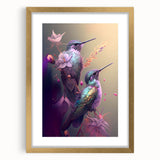 Framed wall art showcasing a vibrant hummingbird design in gold accents, featuring a mat for added elegance, perfect for enhancing home decor.