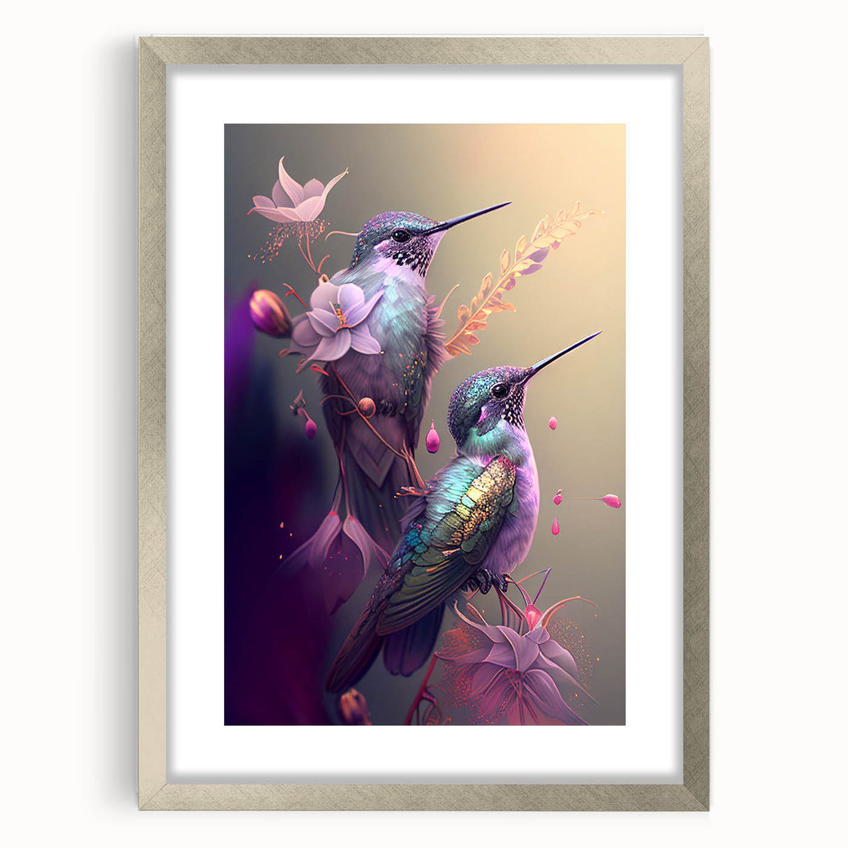 Framed wall art featuring a vibrant hummingbird design in a silver frame with a mat, showcasing intricate details and colors, ideal for nature-inspired decor.