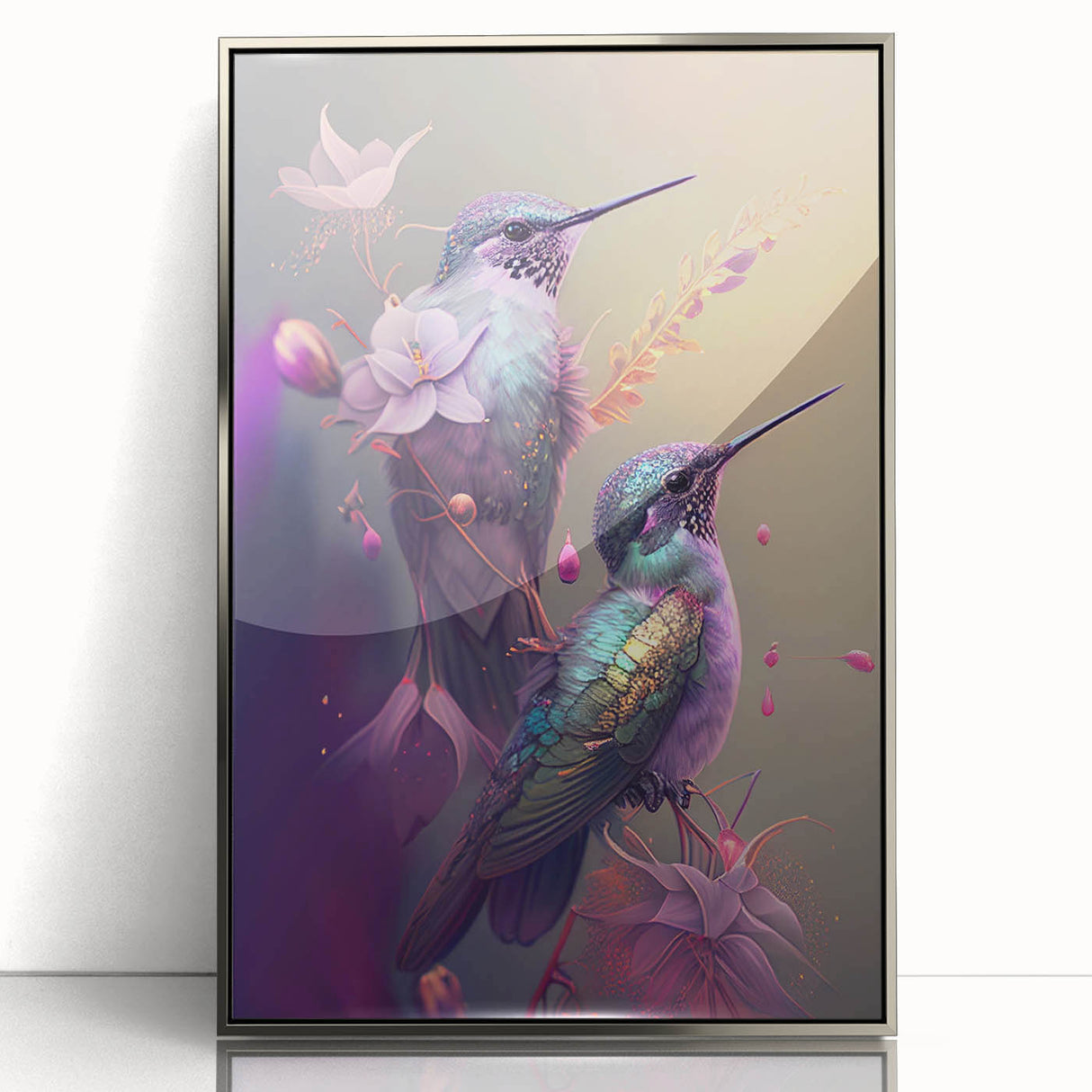 Framed wall art featuring a vibrant hummingbird design in multi-colored acrylic, set in a sleek silver frame, perfect for adding a touch of nature-inspired decor to any room. This artwork combines modern aesthetics with the beauty of wildlife, making it an ideal choice for bird lovers and art enthusiasts alike.