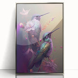 Framed wall art featuring a vibrant hummingbird design in multi-colored acrylic, set in a sleek silver frame, perfect for adding a touch of nature-inspired decor to any room. This artwork combines modern aesthetics with the beauty of wildlife, making it an ideal choice for bird lovers and art enthusiasts alike.
