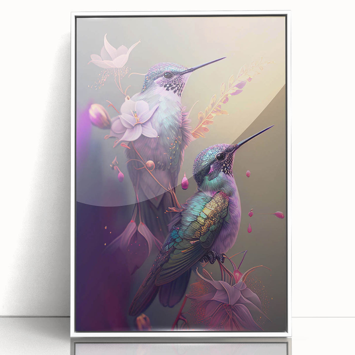 Framed wall art featuring a vibrant hummingbird design in acrylic, set against a sleek white background, perfect for adding color and elegance to any room.