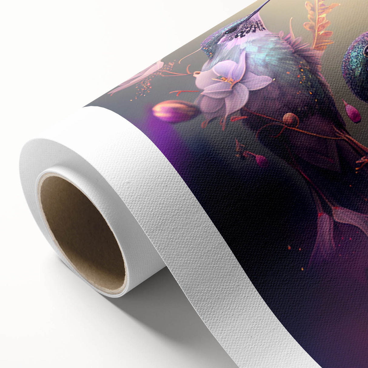 Colorful rolled canvas artwork depicting a vibrant hummingbird surrounded by floral designs, perfect for home decor enthusiasts seeking nature-inspired wall art.
