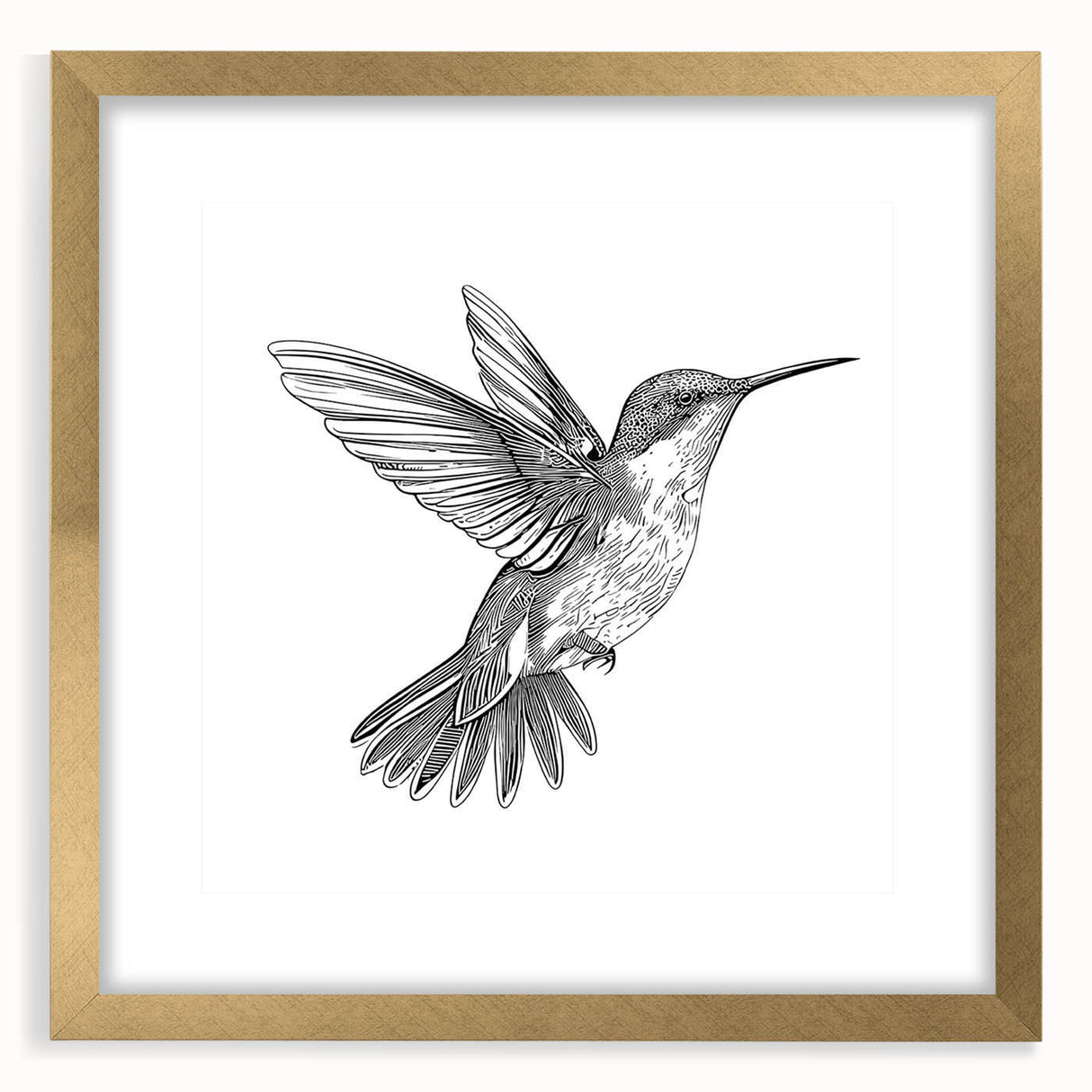 Hummingbird-themed wall art design featuring vibrant colors and intricate details in a gold frame with matting, ideal for enhancing modern home decor.