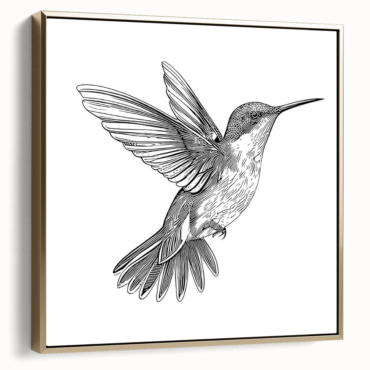 Framed canvas wall art showcasing a vibrant hummingbird design in gold tones, elegantly displayed from the side, perfect for adding a touch of nature-inspired decor to any room.