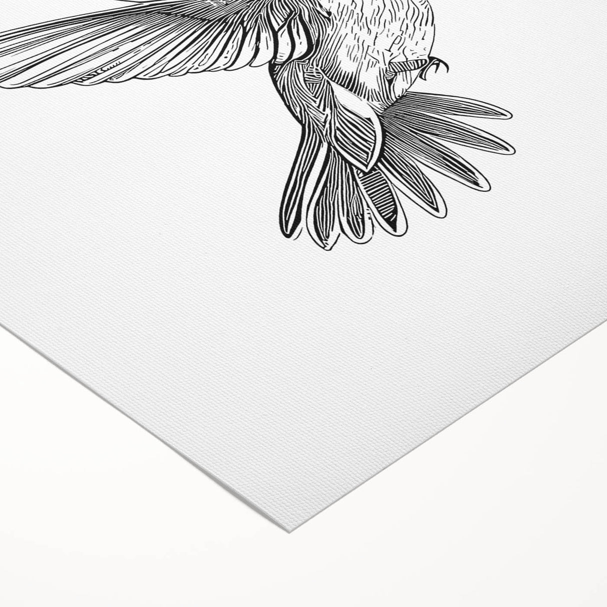 Vibrant rolled canvas showcasing a detailed hummingbird design, perfect for home decor. The artwork features colorful tropical elements, ideal for nature enthusiasts.