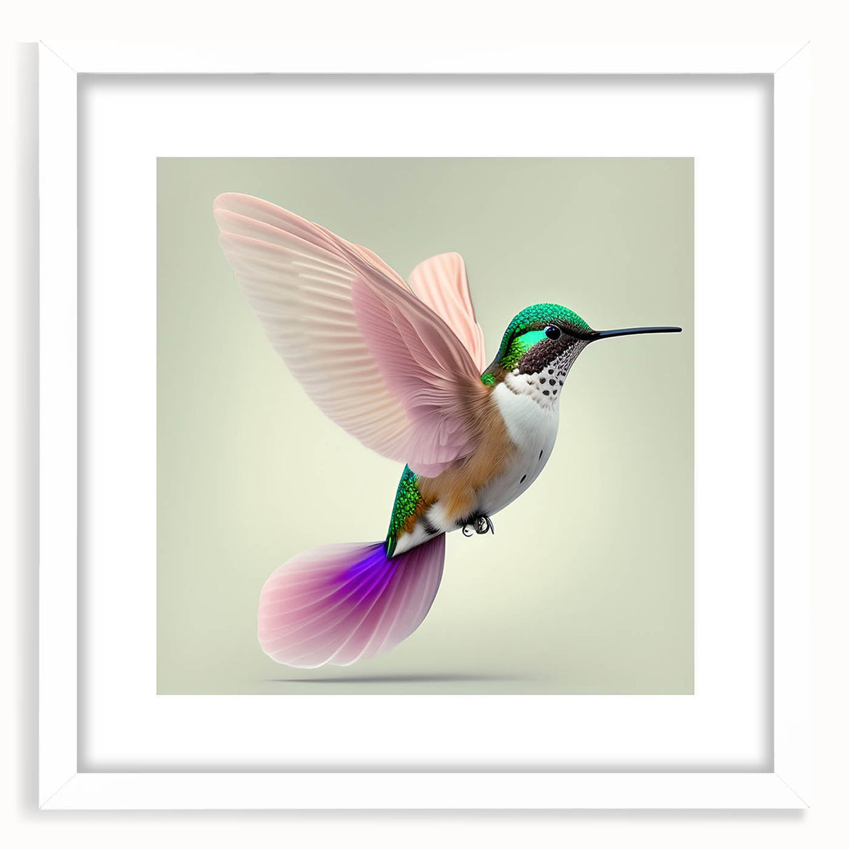 Framed wall art featuring a vibrant hummingbird design with a white mat, showcasing colorful details and an elegant presentation, ideal for home decor.