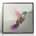 Framed acrylic wall art featuring a vibrant hummingbird design in shades of blue and green, set against a sleek black frame, ideal for nature lovers and home decor enthusiasts.
