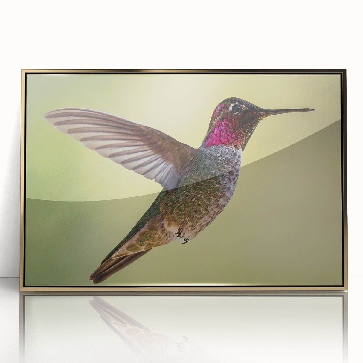 Framed wall art featuring a vibrant hummingbird design in gold acrylic, showcasing intricate details and a modern aesthetic, perfect for enhancing any living space.