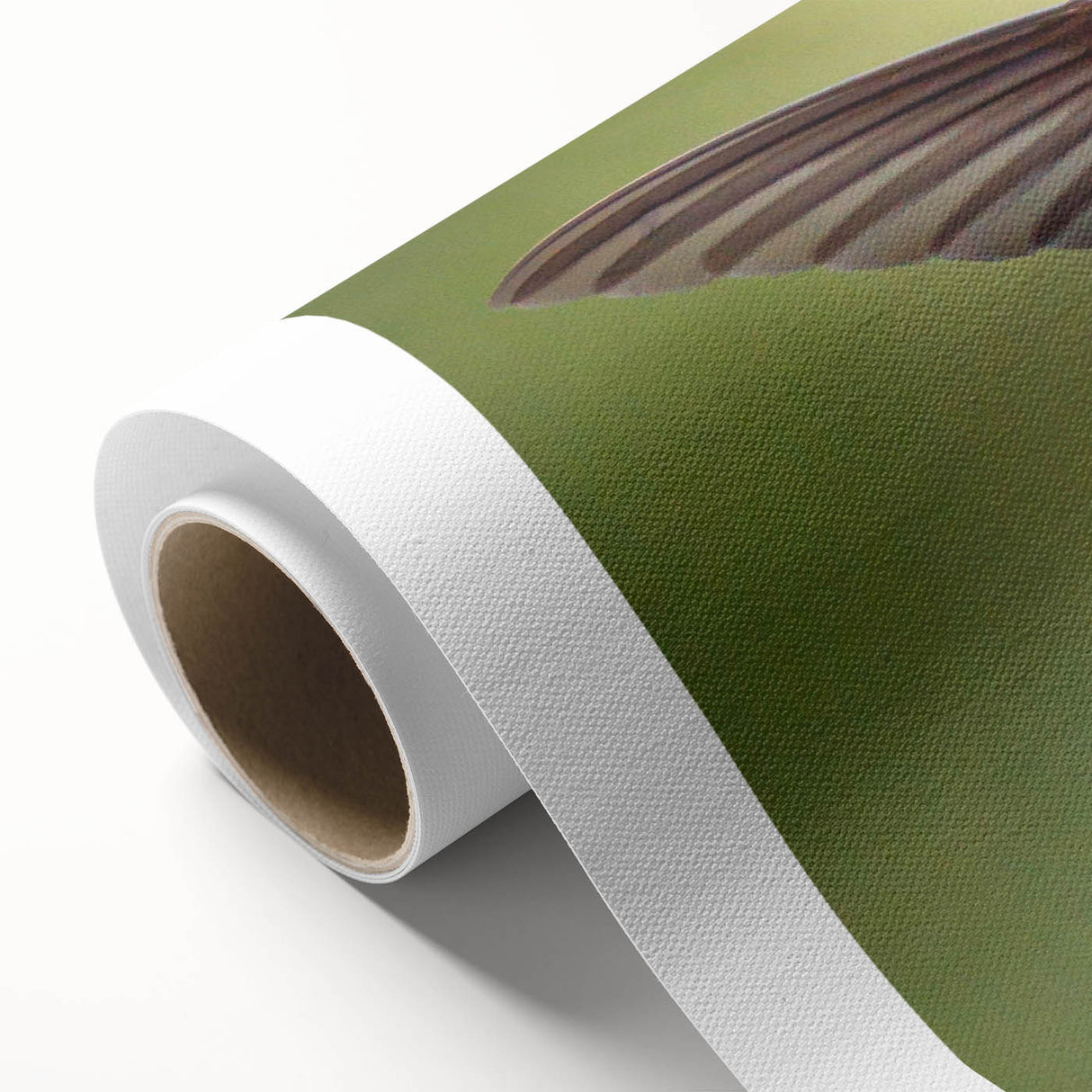 Vibrant rolled canvas artwork showcasing a colorful hummingbird design, perfect for home decor, featuring intricate details and a textured finish, packaged securely.