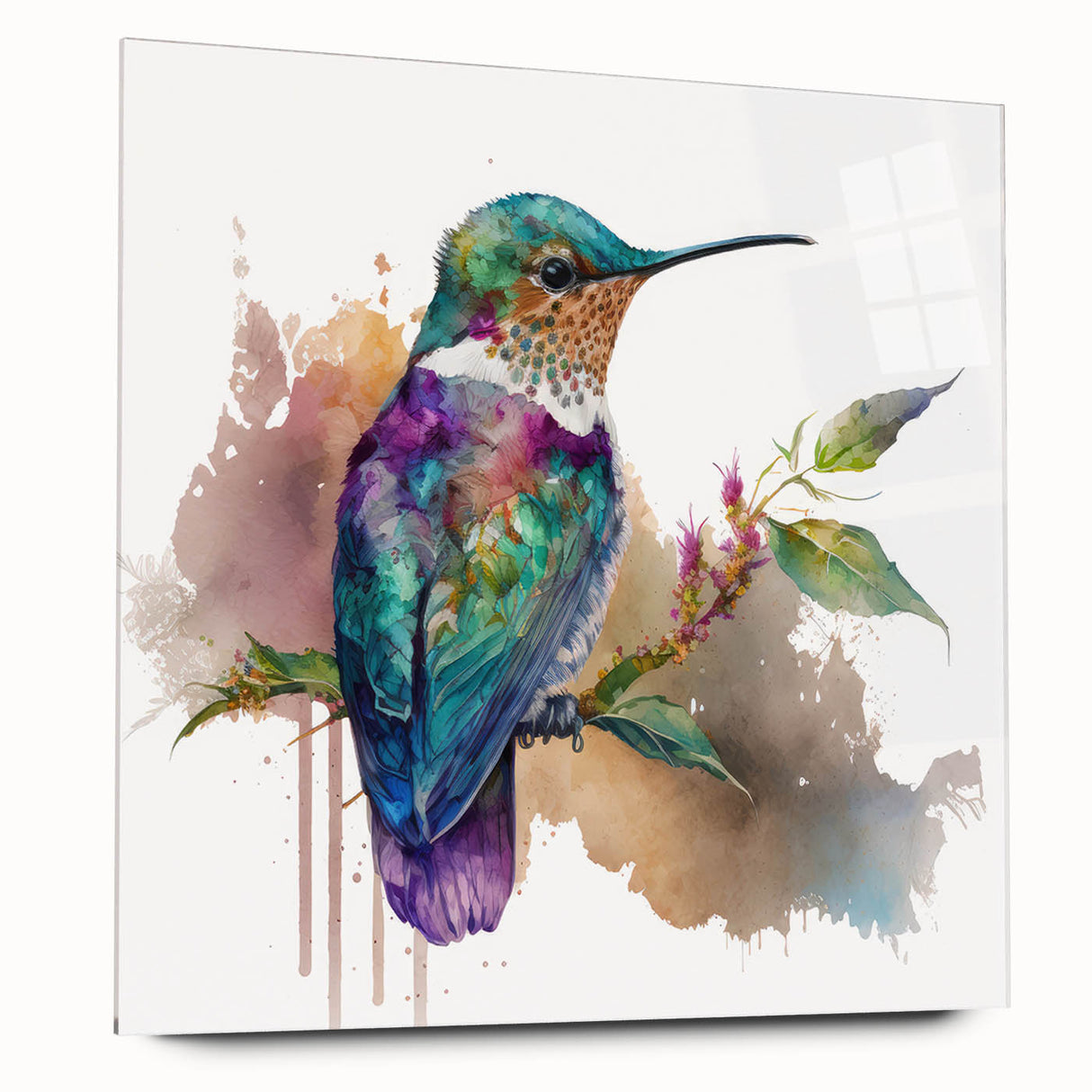 Hummingbird-themed wall art design displayed in acrylic glass, showcasing vibrant colors and intricate details, ideal for enhancing modern home decor.