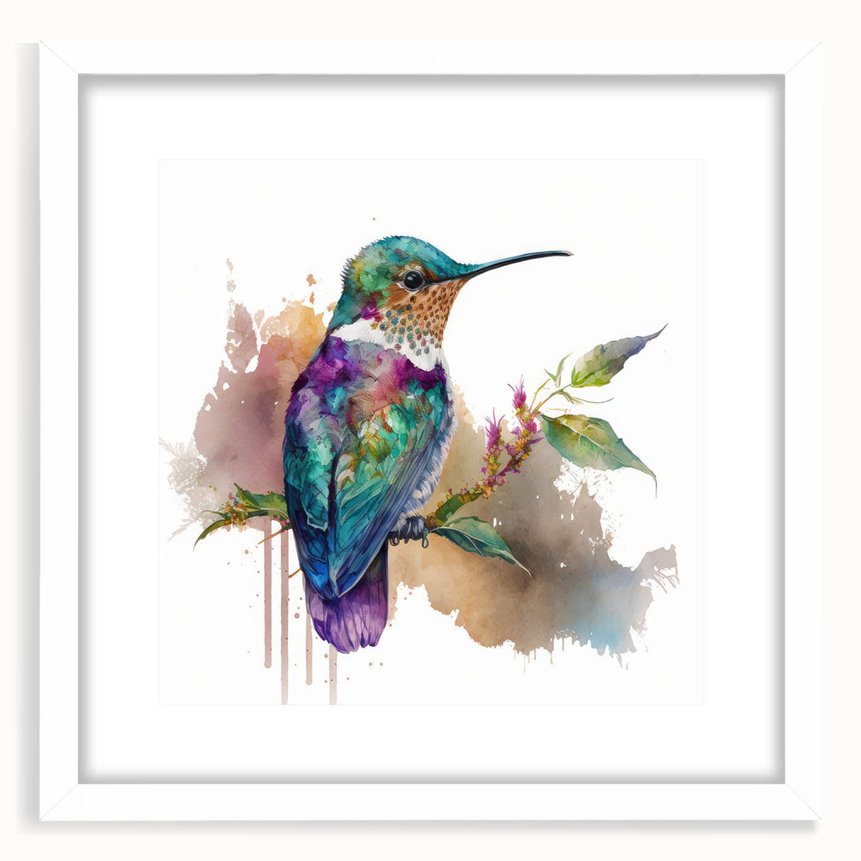 Hummingbird-themed wall art collection framed in white, showcasing vibrant colors and intricate details, perfect for home decor or nature lovers.