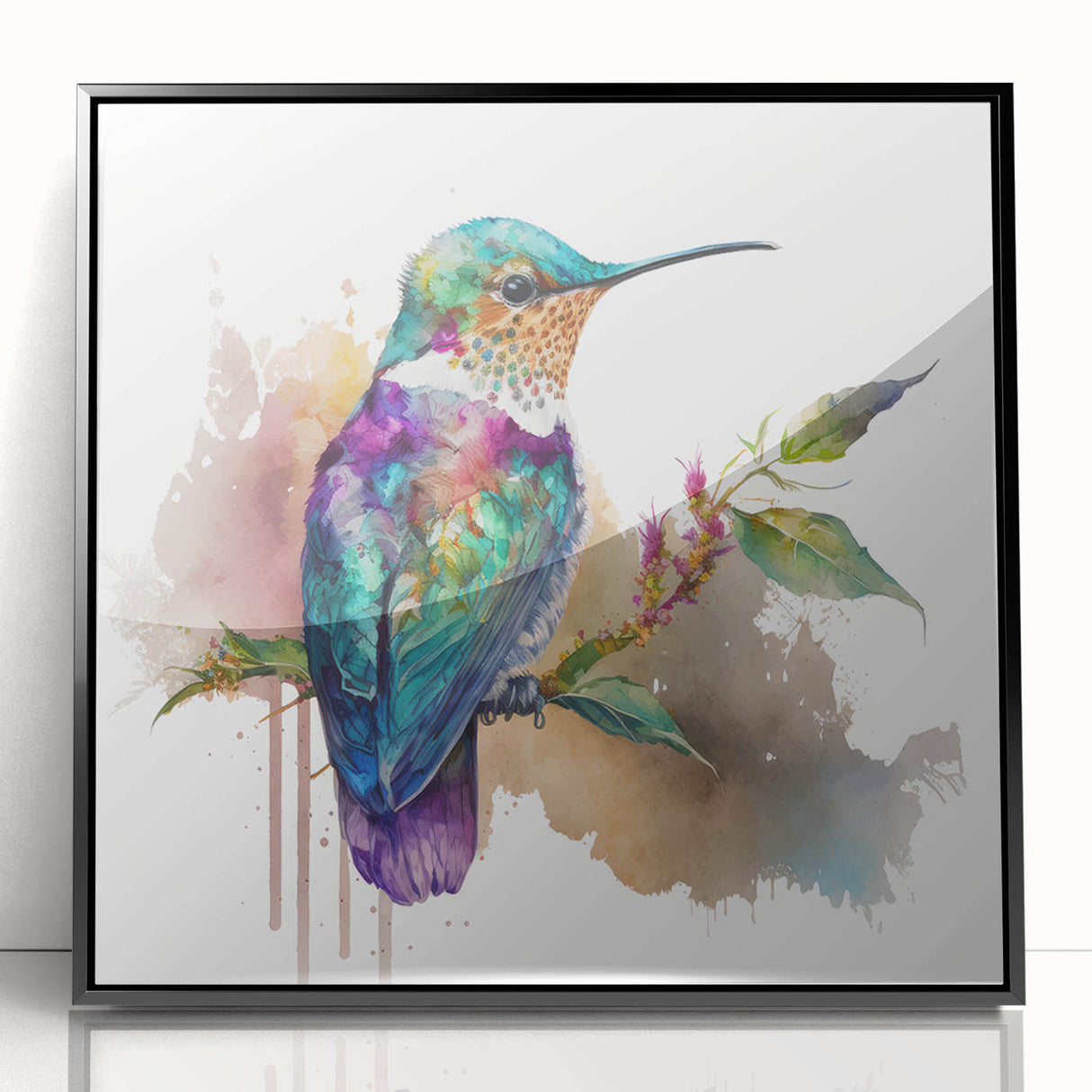 Framed wall art featuring a vibrant hummingbird design in a black acrylic frame, perfect for adding a pop of color to home decor. Ideal for bird lovers and nature enthusiasts.