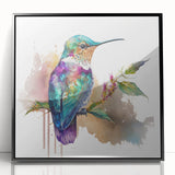 Framed wall art featuring a vibrant hummingbird design in a black acrylic frame, perfect for adding a pop of color to home decor. Ideal for bird lovers and nature enthusiasts.