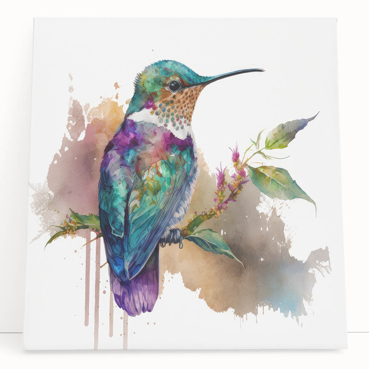 Colorful hummingbird wall art design on stretched canvas, showcasing vibrant hues and intricate details, perfect for brightening any living space. Ideal for nature lovers and home decor enthusiasts.